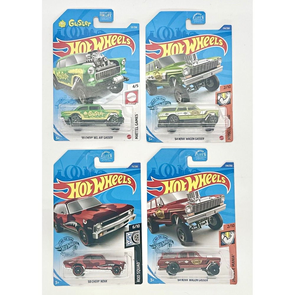 Hot Wheels Chevy Gasser Lot of 4 '55 Bel Air '64 Nova Wagon '68 Nova Green Red